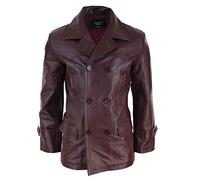 Mens Real Leather 3/4 Double Breasted Pea Coat Sherlock Brown Sailor Classic - Wine l