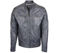 Mens Real Leather Biker Jacket Cafe Racer Style Eddie (3XL, Grey)