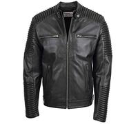 Mens Real Leather Biker Jacket Cafe Racer Style Nelson Black (M)