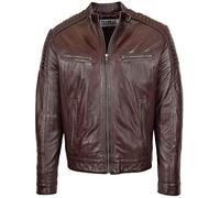Mens Real Leather Biker Jacket Cafe Racer Style Ron (S, Brown)