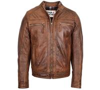 Mens Real Leather Biker Jacket Casual Cafe Racer Style Charlie (L, Antique Brown)