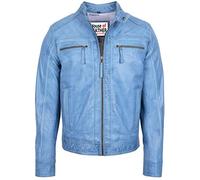 Mens Real Leather Biker Jacket Casual Cafe Racer Style Charlie (L, Sky Blue)
