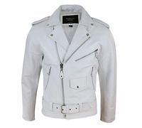 Mens Real Leather Biker Jacket Cross Zip Brando White Hide Grease Classic - White XL