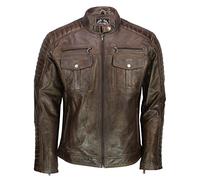 Mens Real Leather Biker Jacket Vintage Antique Washed Waxed Fitted Retro Bomber Ink Blue Brown[EXP-456,2XL,Brown]