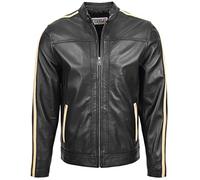 Mens Real Leather Biker Jacket with Racing Stripes Clyde Black (2XL)