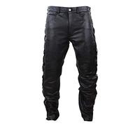 Mens Real Leather Biker Jeans Laced Tassel Western Cowboy Riding Pants Trousers - Black 40