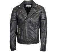 Mens Real Leather Biker Style Jacket Cross Zip Fastening Hook (2XL, Rub Off)