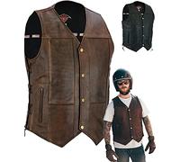 Mens Real Leather Biker Waistcoat Vest Cut - Genuine Motorcycle/Motorbike Quality Zipped Pockets With Braided Laced Sides - Distressed Brown - (3XL)