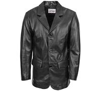 Mens Real Leather Blazer Three Button Jacket David (L, Black)