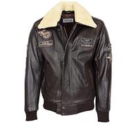 Mens Real Leather Bomber Jacket Detachable Collar Aviator Style Pilot-N (M, Brown)