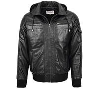Mens Real Leather Bomber Jacket Detachable Hoodie Style Bronx Black (M)