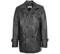 Mens Real Leather Coat Double Breasted Peacoat Style Salcombe (L, Black)
