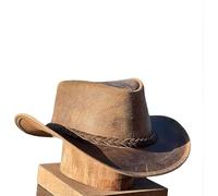 Men's Real Leather Cowboy Hats Australian Western Style Crazy Vintage Tan Outback Antique Hat with Shapeable Wide Brim (UK, Alpha, XS, Brown)