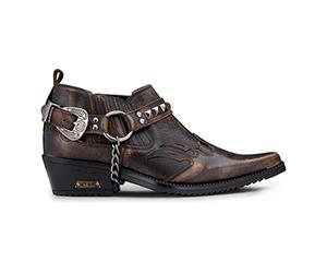 Mens Real Leather Cowboy Shoes Wincklepickers Heel Metal Belt Western Pattern - Brown 7