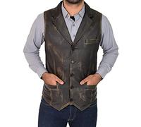 Mens Real Leather Gilet Classic Vest Button Fastening Waistcoat Calvin (3XL, Rub Off)