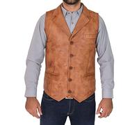 Mens Real Leather Gilet Classic Vest Button Fastening Waistcoat Calvin (3XL, Tan)