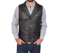 Mens Real Leather Gilet Classic Vest Button Fastening Waistcoat Calvin (L, Black)
