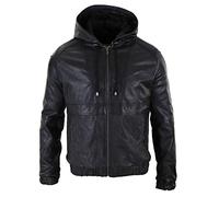 Mens Real Leather Hood Bomber Jacket Tan Brown Black Zipped Tailored Fit Casual - Black 4XL