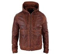 Mens Real Leather Hood Bomber Jacket Tan Brown Black Zipped Tailored Fit Casual - Tan M