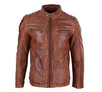 Mens Real Leather Jacket Tailored Fit Biker Zipped Smart Casual Retro Vintage - Tan Brown 3XL