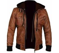Men's Real Leather Jacket With Removable Hood Bomber Genuine Sheep Brown Leather Coat