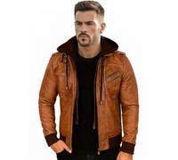 Men's Real Leather Jacket With Removable Hood Bomber Genuine Sheep Brown Leather Coat