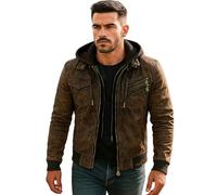 Men's Real Leather Jacket With Removable Hood Bomber Genuine Sheep Brown Leather Coat (UK, Alpha, 4XL, Regular, Regular, Jungle Brown)