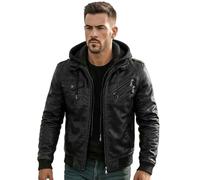 Men's Real Leather Jacket With Removable Hood Bomber Genuine Sheep Brown Leather Coat (UK, Alpha, M, Regular, Regular, Black)