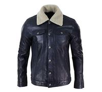Mens Real Leather Jeans Jacket Fur Collar Retro Vintage Classic Navy Blue Casual - Navy 5XL