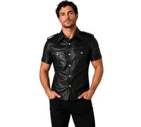Mens Real Leather Police Officer Uniform Style Shirt, Short Sleeve Leather Shirt, Bluff Gay Military Shirt Black