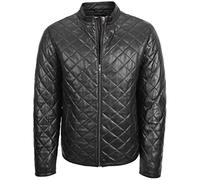 Mens Real Leather Quilted Jacket Cross Stitch Anorak Jeff Black (2XL)