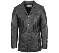 Mens Real Leather Reefer Jacket Classic Button Style Thrill (L, Black)