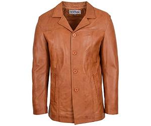 Mens Real Leather Reefer Jacket Classic Button Style Thrill (L, Tan)