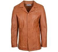 Mens Real Leather Reefer Jacket Classic Button Style Thrill (XL, Tan)