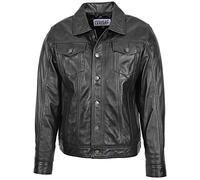 Mens Real Leather Trucker Jacket Lee Rider Style Terry (2XL, Black)