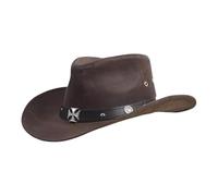 Mens Real Leather Vintage Brown Cowboy Outback Hat - Australian Western Rodeo Country Style Cross Conchos Braided Band Party Club Travel Hat with Removable Chinstrap