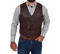 Mens Real Leather Waistcoat Classic Style Vest Nick (XL, Brown)