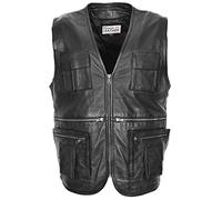 Mens Real Leather Waistcoat Fishermen Style Vest Gary Black (S)