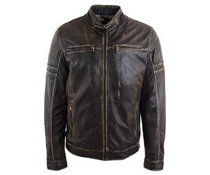Mens Real Leather Zip up Biker Style Jacket Vintage Rub Off Effect Gents Boys RICKY M