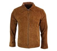 Mens Real Suede Leather Classic Zip Jacket Camel Turn Down Collar Vintage Retro Tan Brown