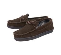 DUNLOP - Mens Real Suede Leather Faux Sheepskin Fur Plush Fleece Lined Moccasin Slippers - Memory Foam - Rubber Sole - House Bedroom Indoor (10 UK, Dark Brown)