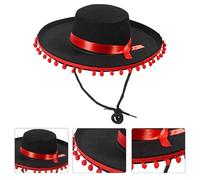 Mens Red Bobble Spanish Flamenco Hat, Mexican Sombrero, Spanish Flamenco Sombrero Costume Hat, Large Wide Brim Sombreros With Pom-Poms For Festival Parties, Themed Events & Costume Party Accessories