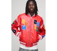 Mens Red Boxy Fit Letter Badge Applique PU Varsity Bomber Jacket, Red S