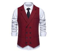 Men's Red Herringbone Waistcoat, Slim Fit Double-Breasted Vest for Gentlemen, Button Closure Formal Sleeveless Waistcoat, Tailored Vintage Tweed Style Vest, British Gentleman Suit Vest