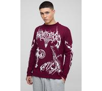 Mens Red Regular Fit Extended Neck Long Sleeve Large Scale Gothic Print T-shirt, Red S
