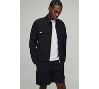 Men's Regular Coated Nylon Cargo Overshirt & Relaxed Short Set | Black | Size Medium | BOOHOOMAN