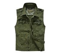 Mens Regular Fit Army Green Vest Mens Denim Gilet Men'S Denim Waistcoat Ripped Vintage Casual Biker Vest Motorcycle Coat Cowboy Sleeveless Jacket Men Button Up Sleeveless Jacket