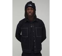 Men's Regular Fit Contrast Stitch Twill Boxy Overshirt | Black | Size 3X-Large | BOOHOOMAN