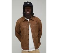 Men's Regular Fit Contrast Stitch Twill Boxy Overshirt | Tobacco | Size Small | BOOHOOMAN