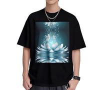 Mens Regular Fit Crew Neck Lotus Flowers Print T Shirts Short Sleeve,Cool & Breathable Cotton Tees,Sizes S-XL Black